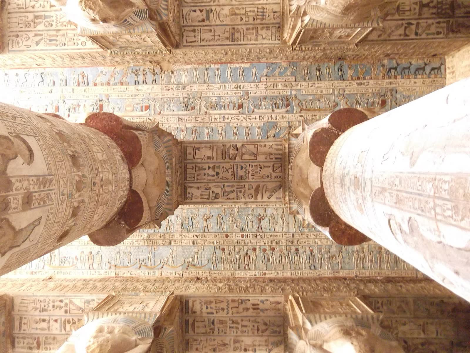 Painted ceiling and Hathor columns of the Dendera temple